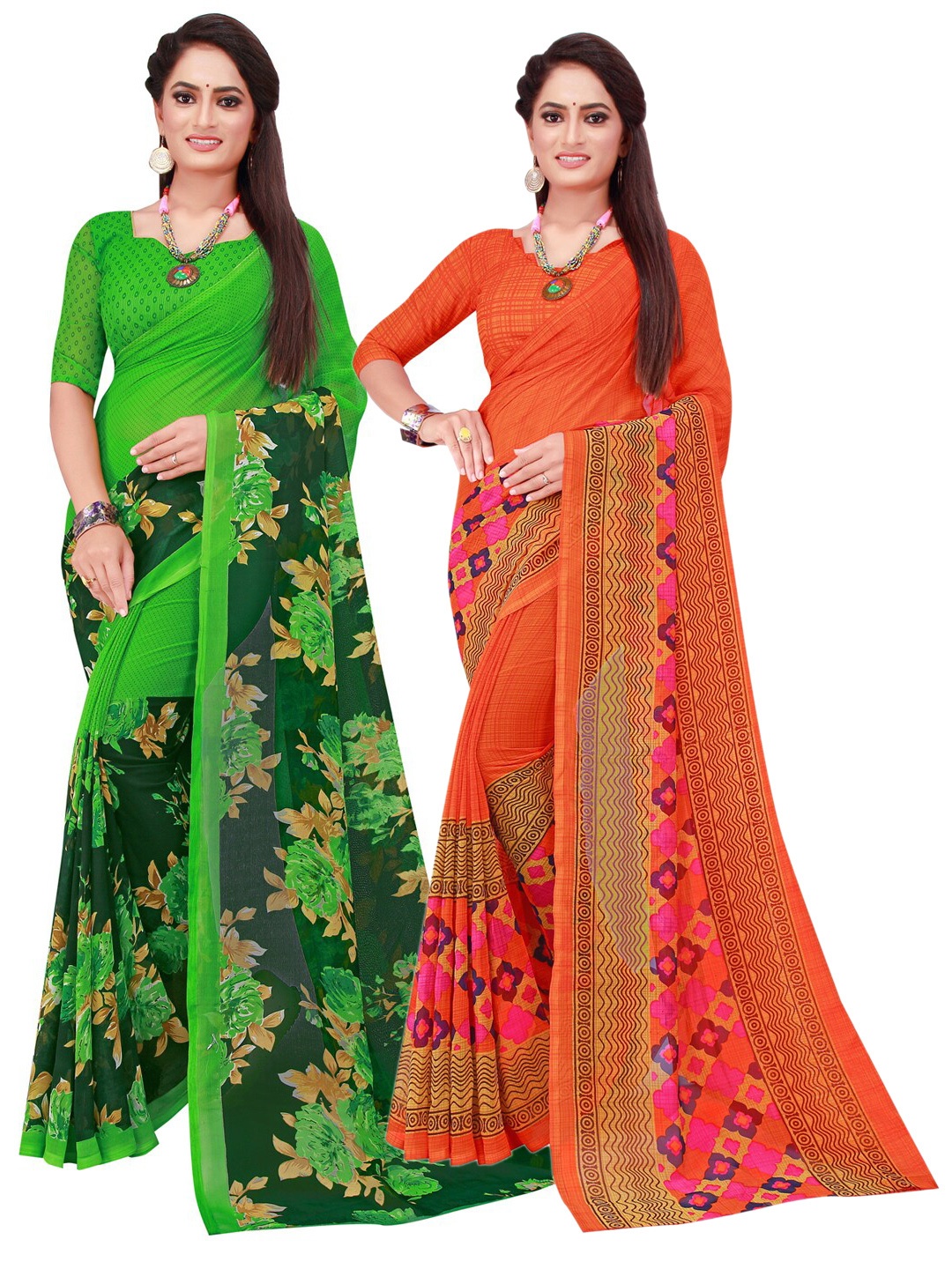 

Florence Set Of 2 Orange & Green Floral Pure Georgette Saree