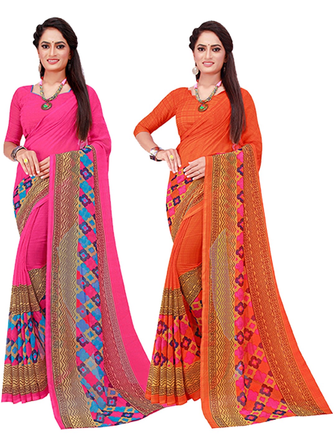 

Florence Magenta & Orange Set Of 2 Floral Pure Georgette Saree