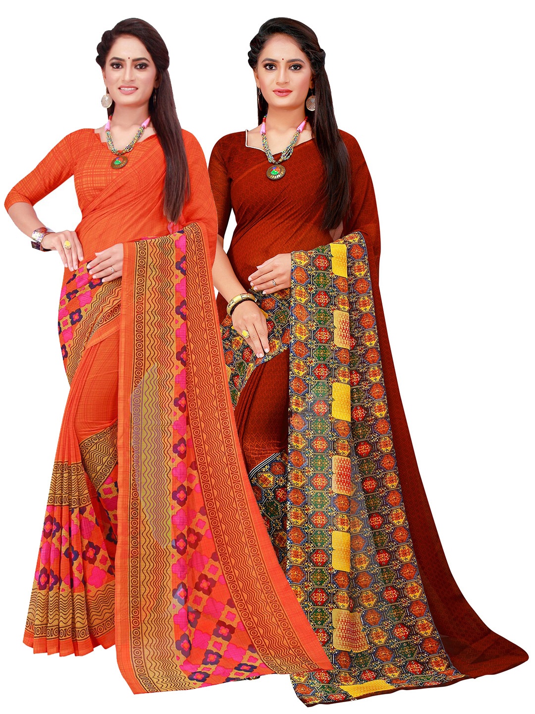 

Florence Pack of 2 Orange & Maroon Floral Printed Pure Georgette Sarees