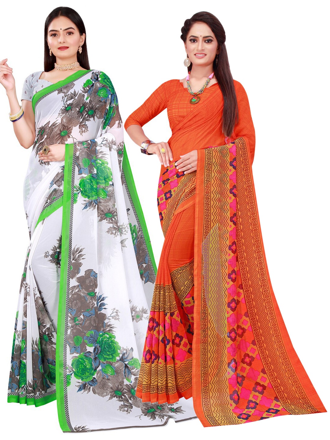 

Florence Pack of 2 Orange & White Pure Georgette Sarees