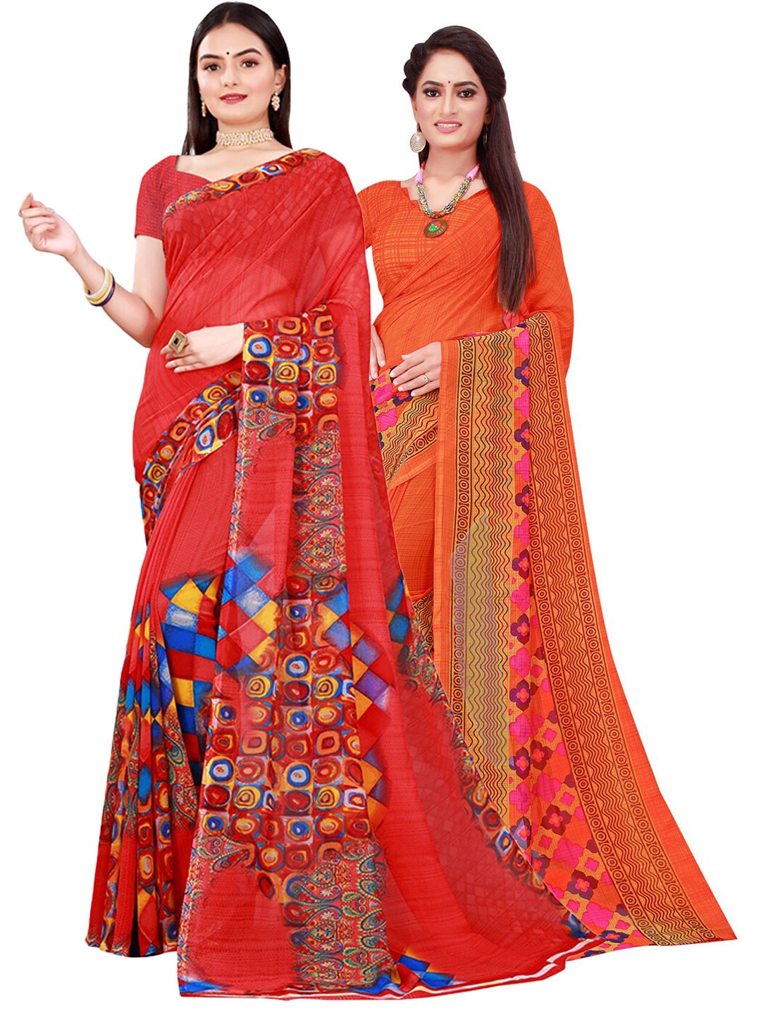 

Florence Red & Orange Printed Pure Georgette Saree Pack Of 2