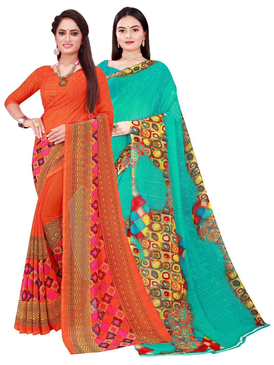 

Florence Pack Of 2 Orange & Green Pure Georgette Saree