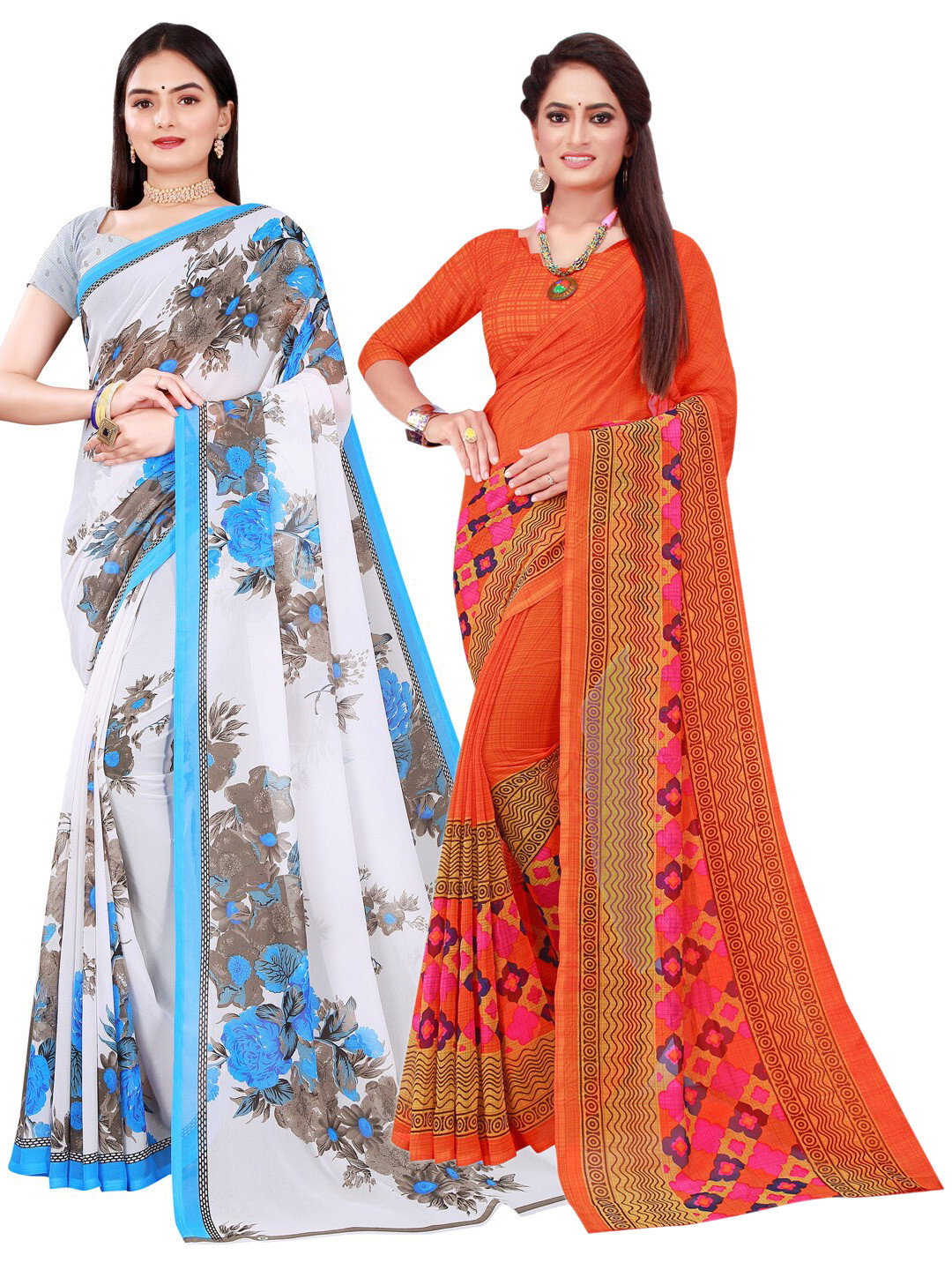 

Florence Pack Of 2 Orange & White Floral Pure Georgette Saree
