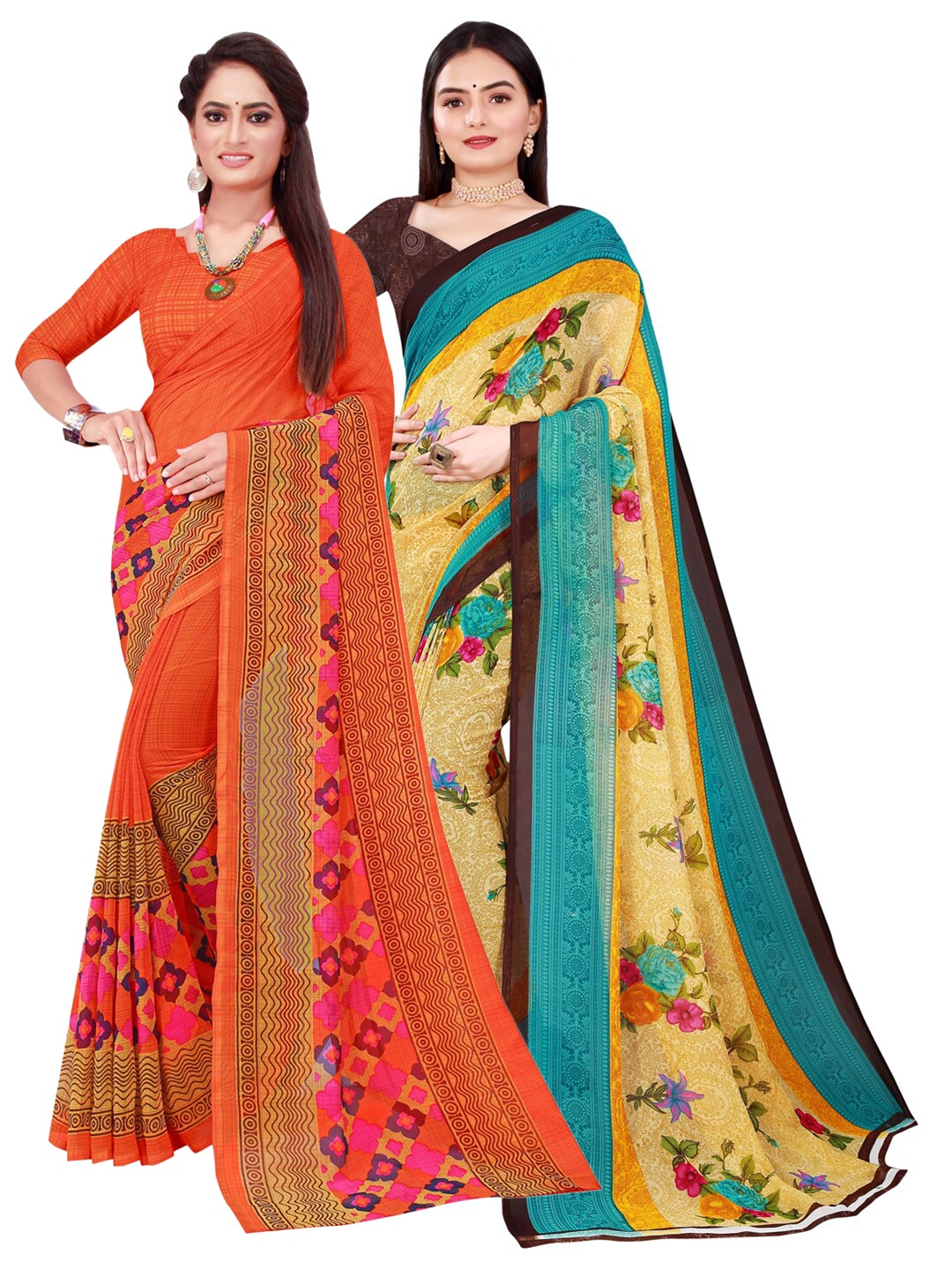 Florence Set Of 2 Orange & Beige Floral Pure Georgette Saree