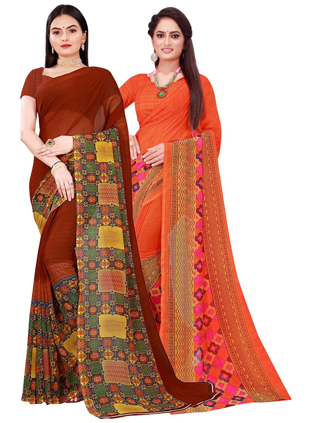 

Florence Orange & Maroon Printed Pure Georgette Saree Pack Of 2
