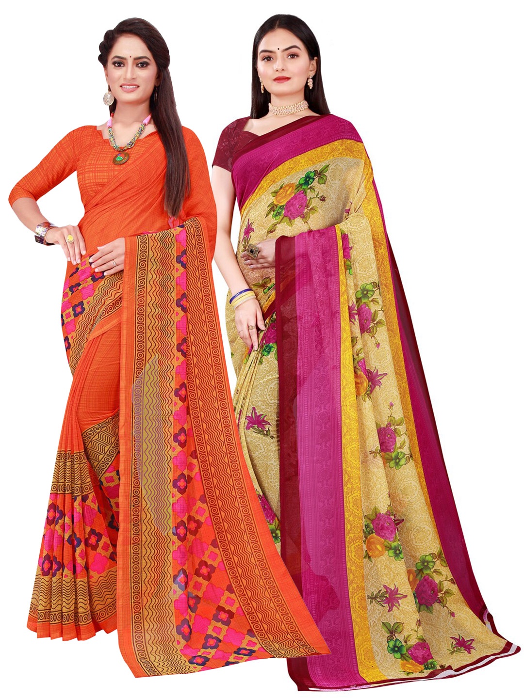 

Florence Pack of 2 Beige & Yellow Printed Pure Georgette Sarees