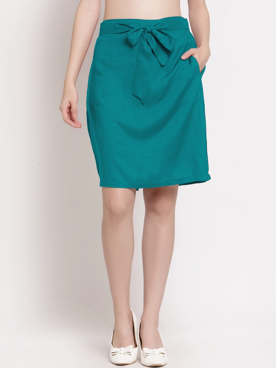 

PATRORNA Women Plus Size Sea Green Solid Above Knee Length Pencil Skirts