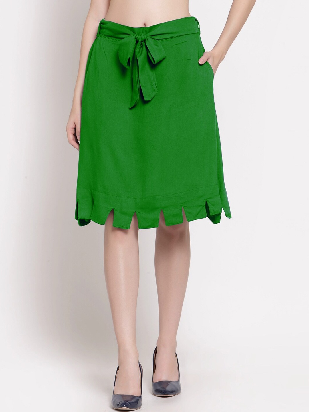 

PATRORNA Women Plus Size Green Solid Straight Silt Skirt