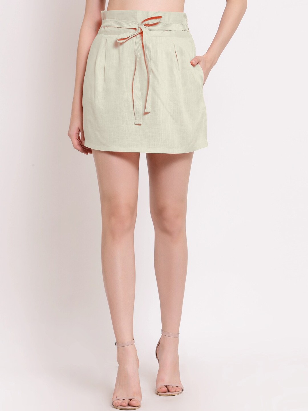 

PATRORNA Women Plus Size Off White Solid Mini Skirt