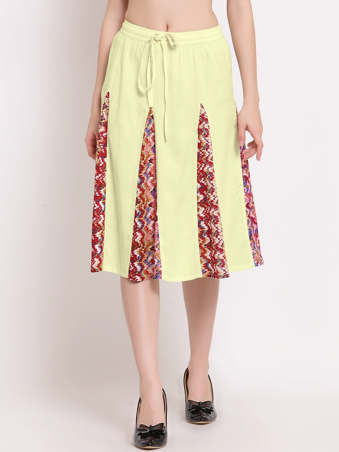 

PATRORNA Women Plus Size Cream Printed Knee Length Flared Skirt