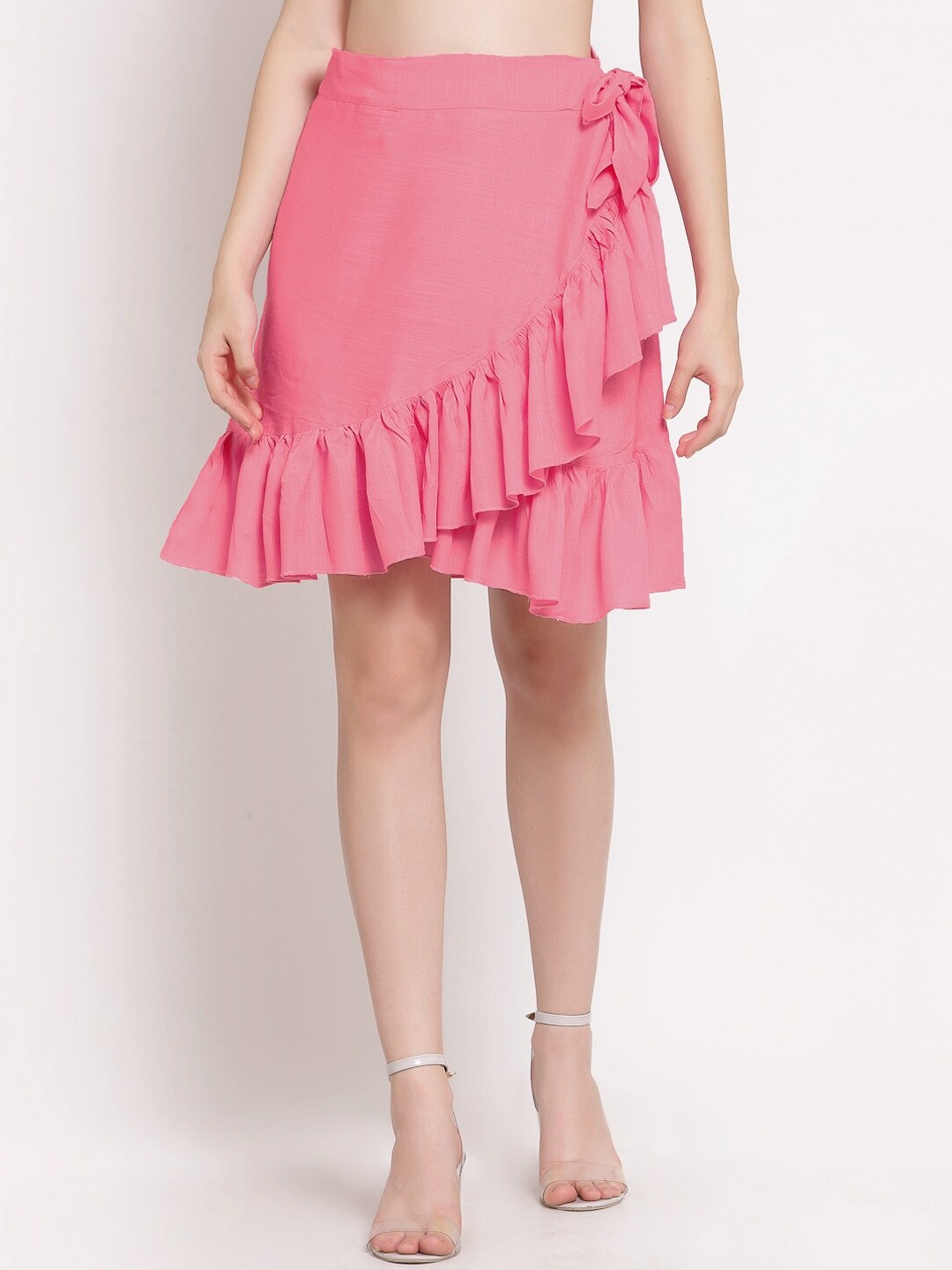 

PATRORNA Women Plus Size Rose Pink Solid Knee Length Frilled Wrap Skirts
