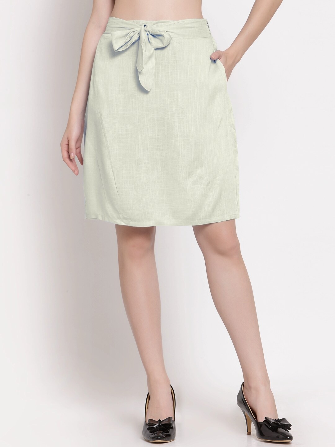 

PATRORNA Women Plus Size Off White Solid Above Knee Length Straight Skirt