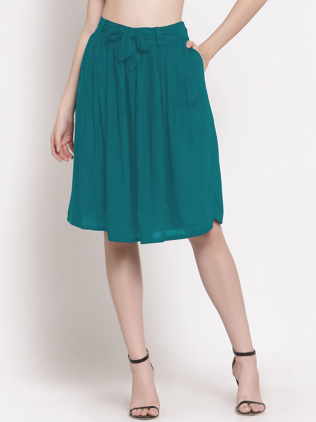 

PATRORNA Women Plus Size Sea Green Solid A-Line Knee-Length Skirt