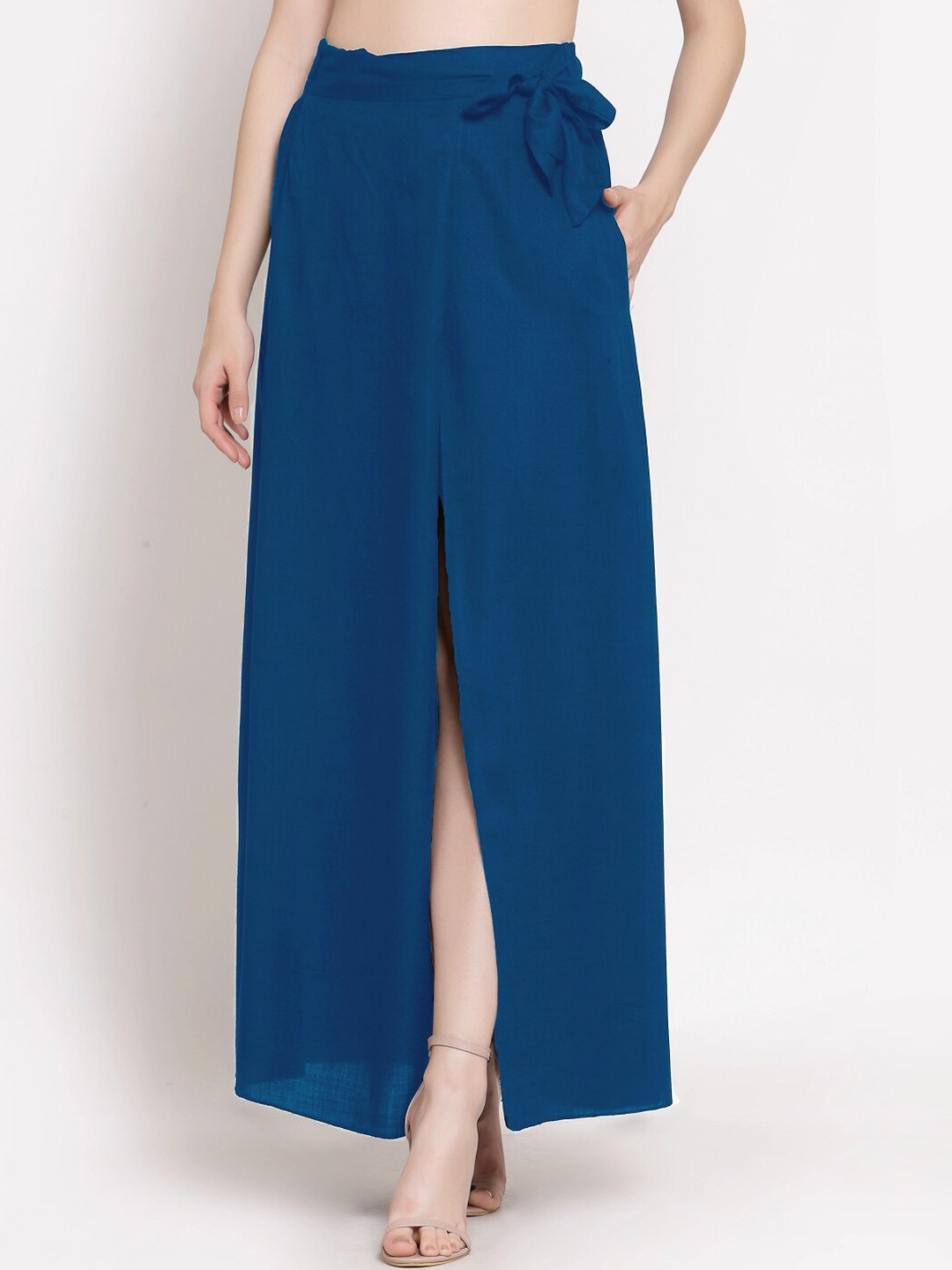 

PATRORNA Women Plus Size Blue Solid Wrap Maxi Skirt