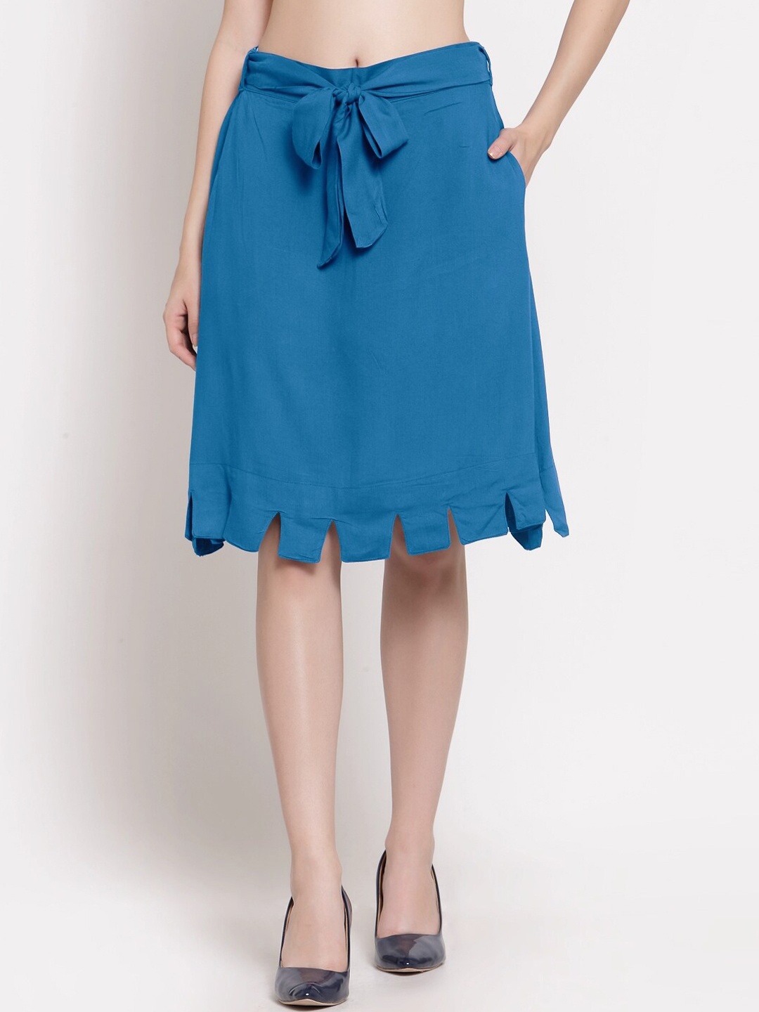 

PATRORNA Women Plus Size Blue Solid Straight Kilt Skirt