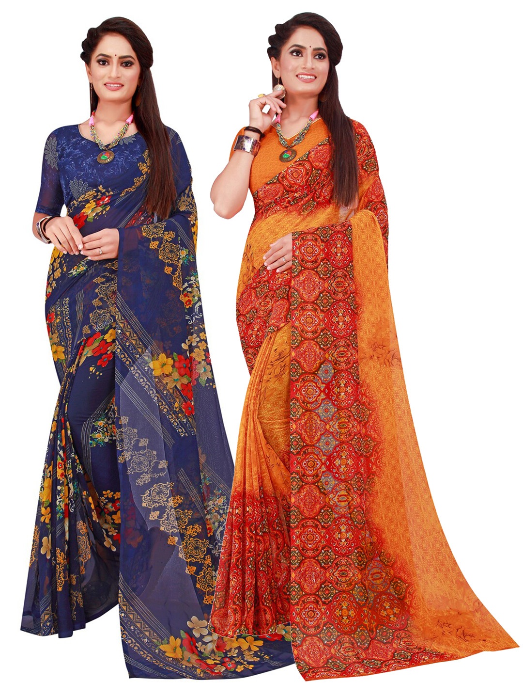 

KALINI Pack of 2 Orange & Red Floral Printed Pure Georgette Saree