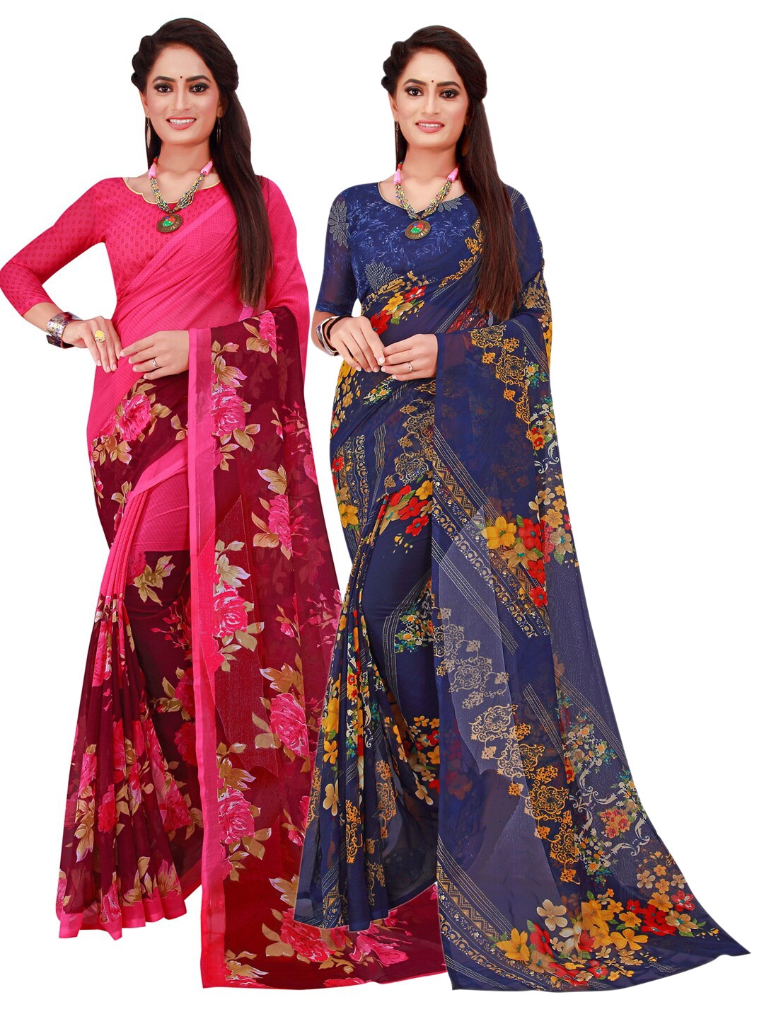 

KALINI Pack of 2 Navy Blue & Magenta Floral Pure Georgette Sarees