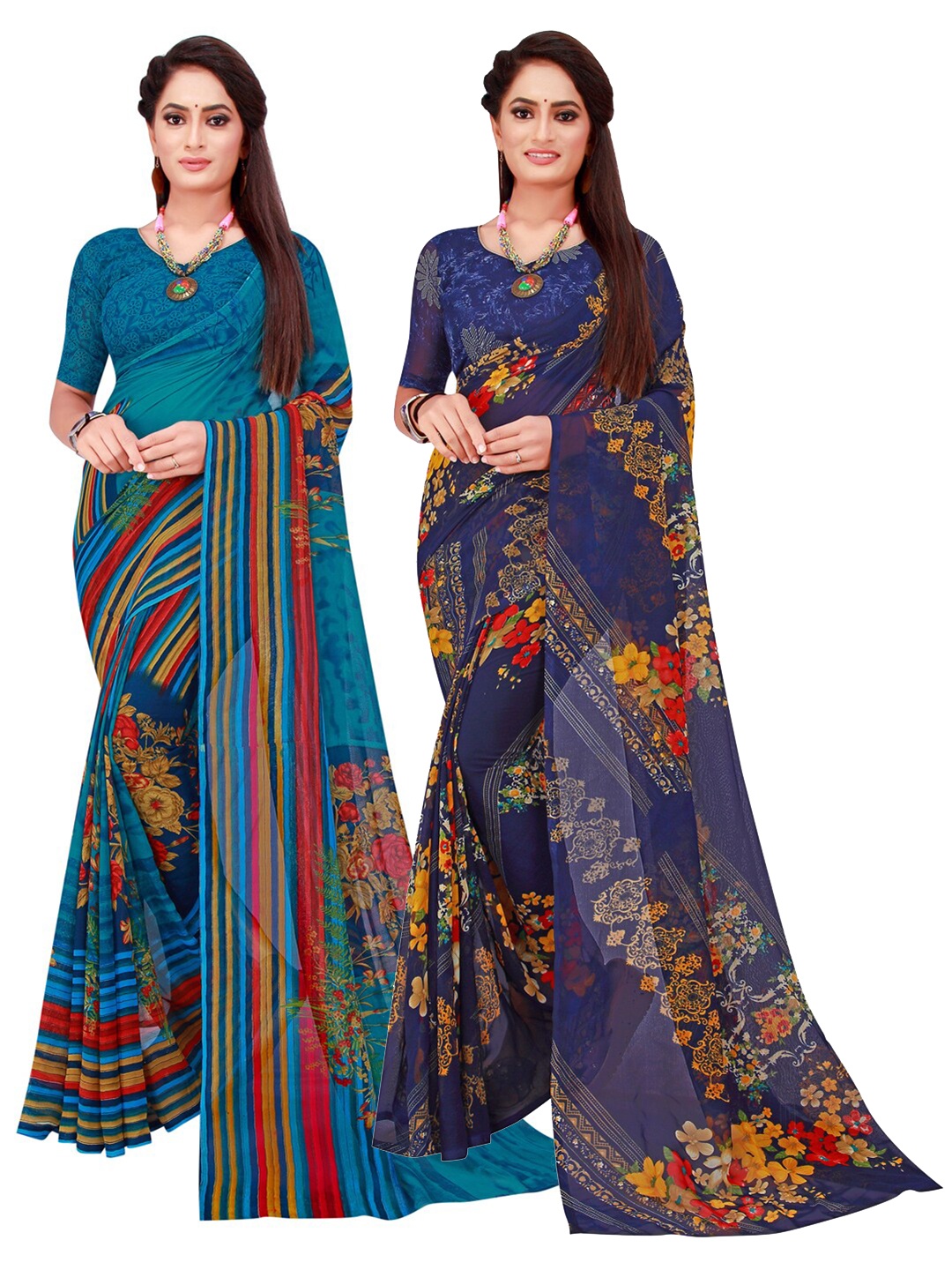 

KALINI Navy Blue & Yellow Floral Printed Pure Georgette Saree Pack Of 2