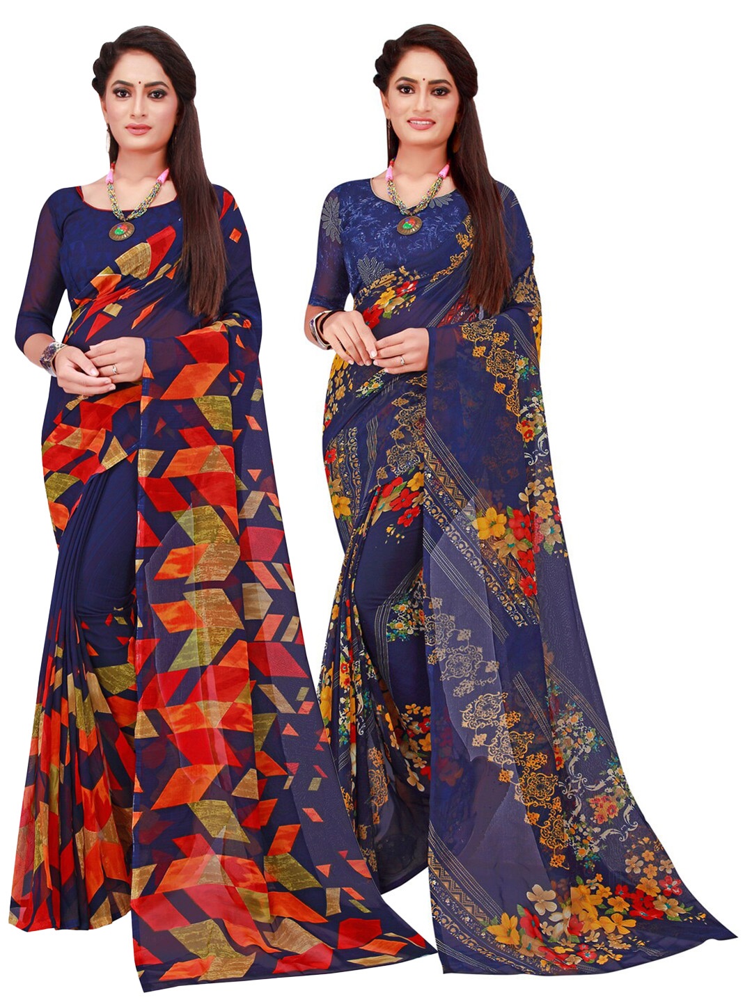 

KALINI Pack of 2 Navy Blue & Red Floral Pure Georgette Sarees