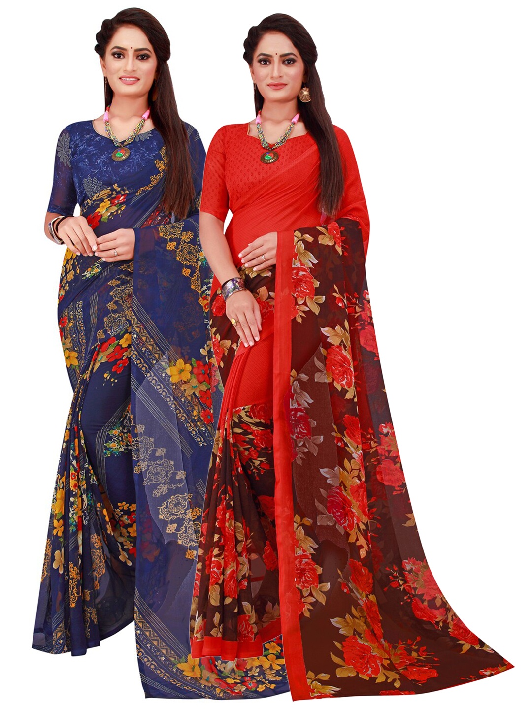 

KALINI Pack Of 2 Navy Blue & Red Pure Georgette Saree