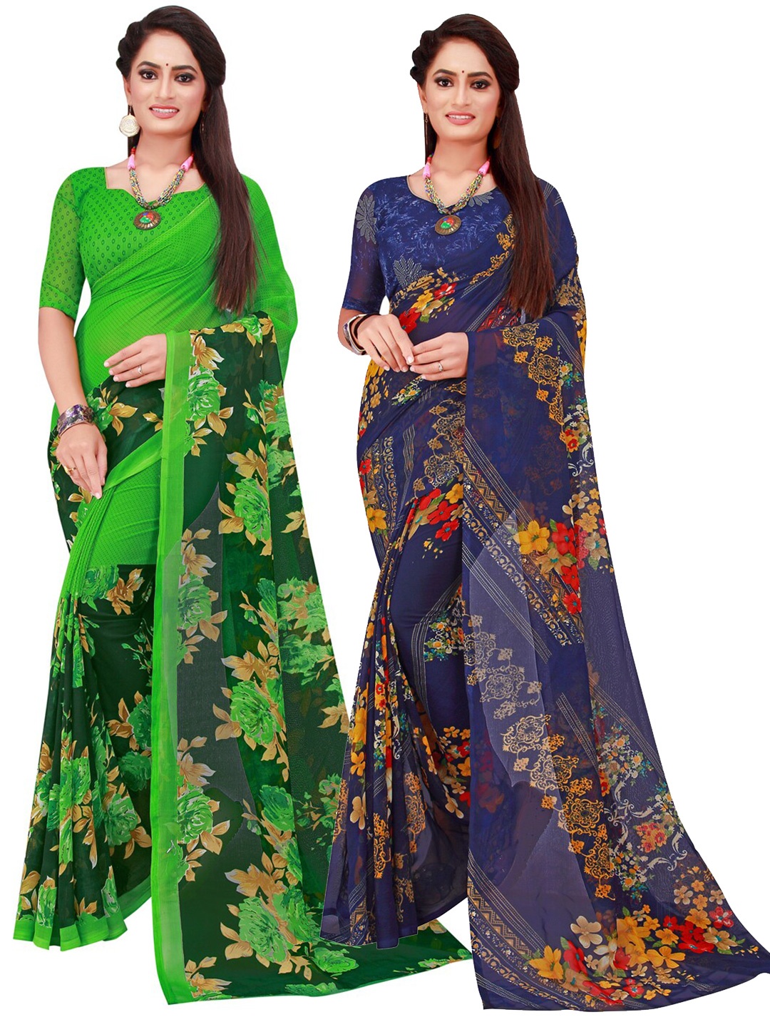 

KALINI Pack Of 2 Navy Blue & Green Floral Pure Georgette Saree
