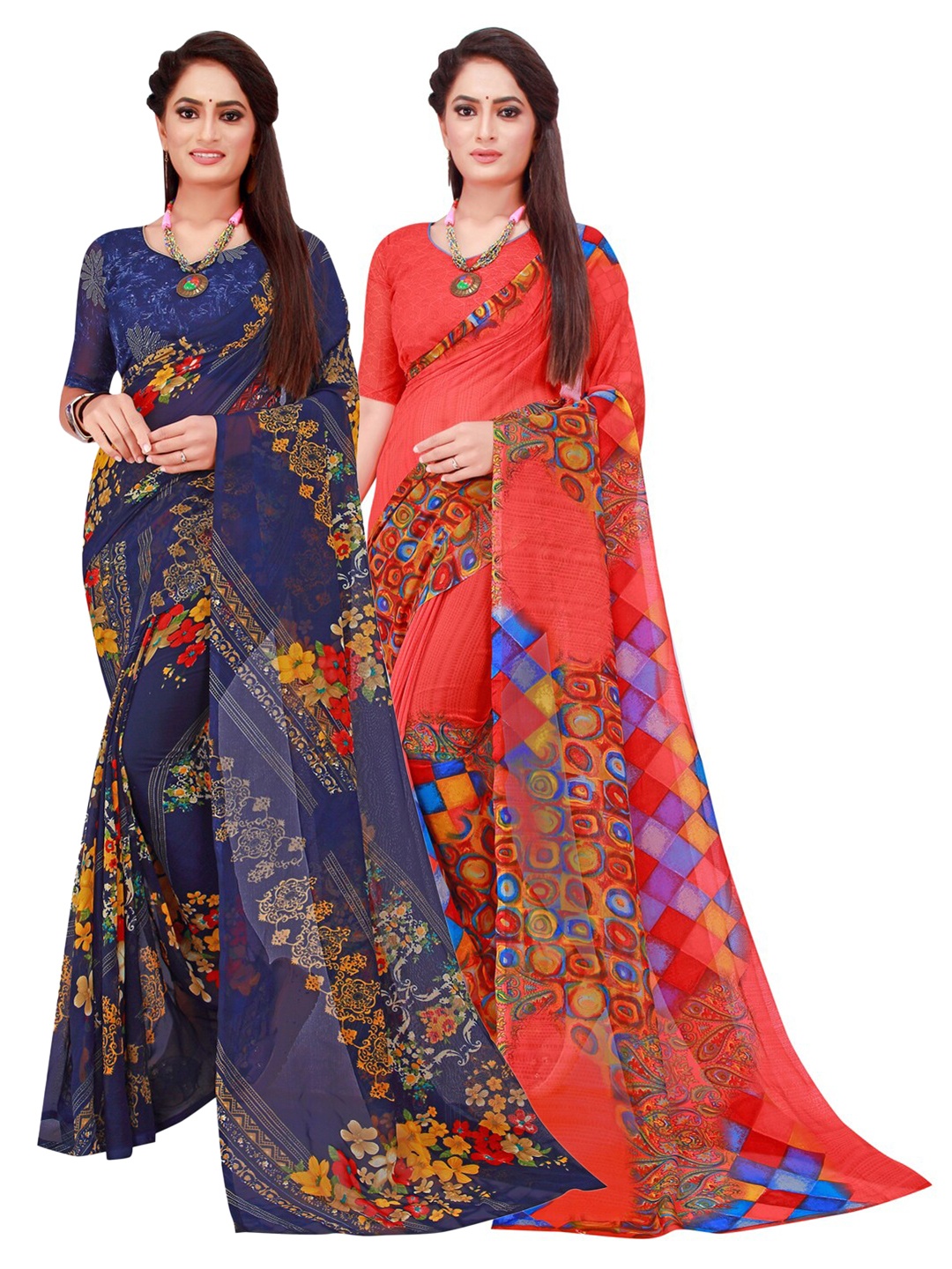 

KALINI Set Of 2 Navy Blue & Red Floral Pure Georgette Saree