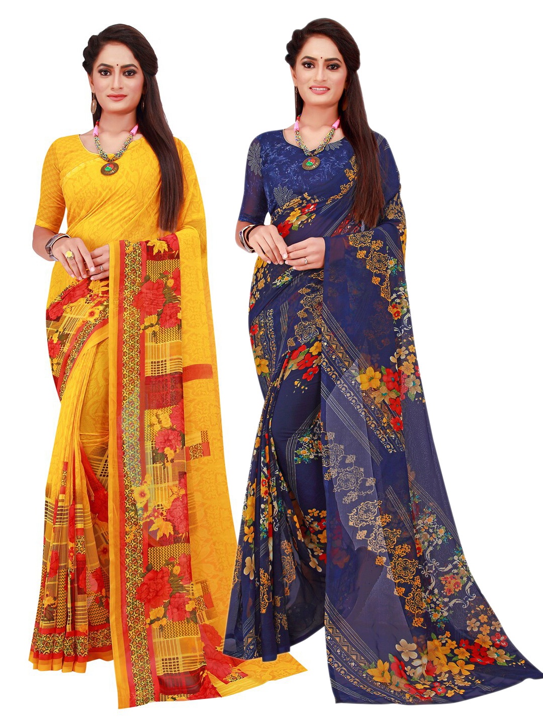 

KALINI Pack of 2 Yellow & Navy Blue Floral Pure Georgette Sarees