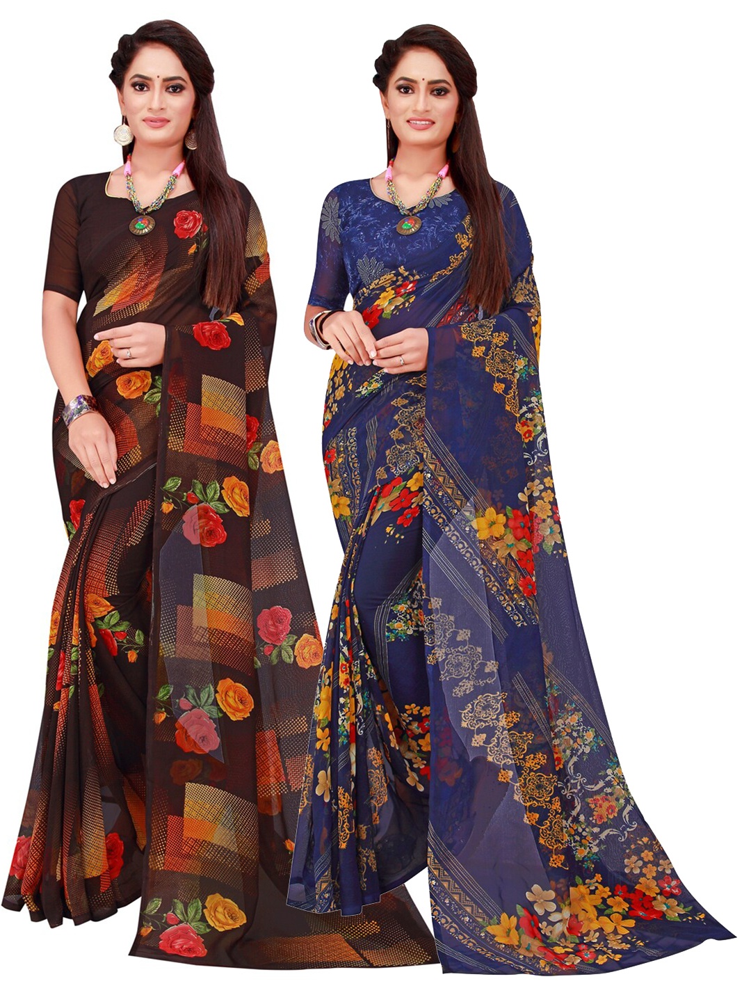 

KALINI Navy Blue & Brown Floral Printed Pure Georgette Saree Pack Of 2