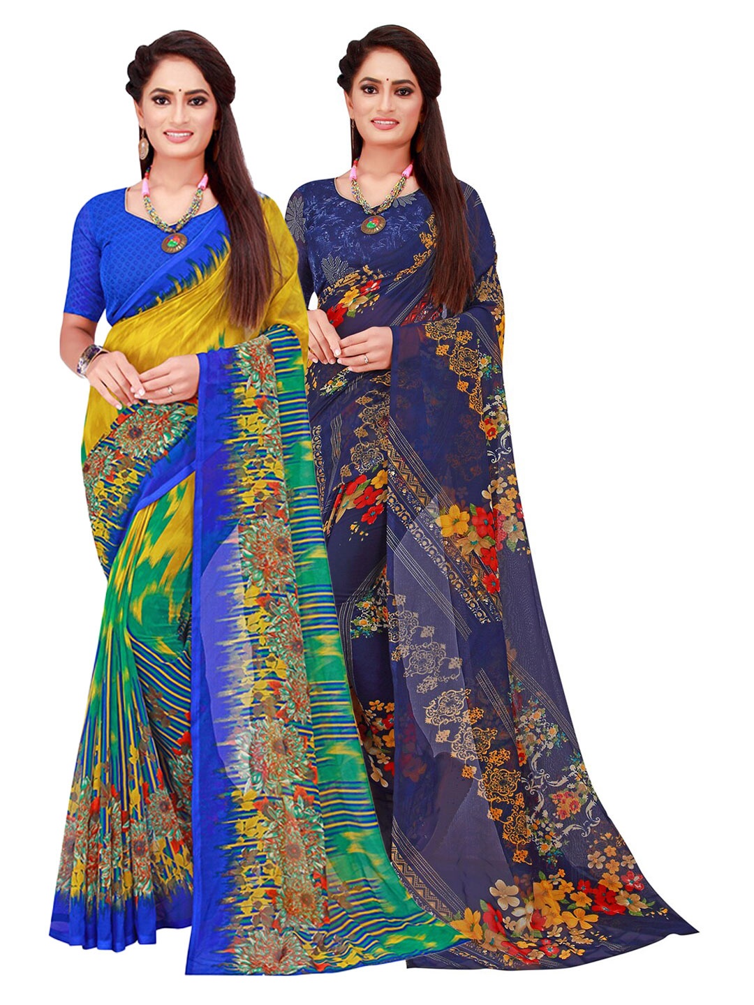 

KALINI Pack of 2 Navy Blue & Green Floral Pure Georgette Sarees