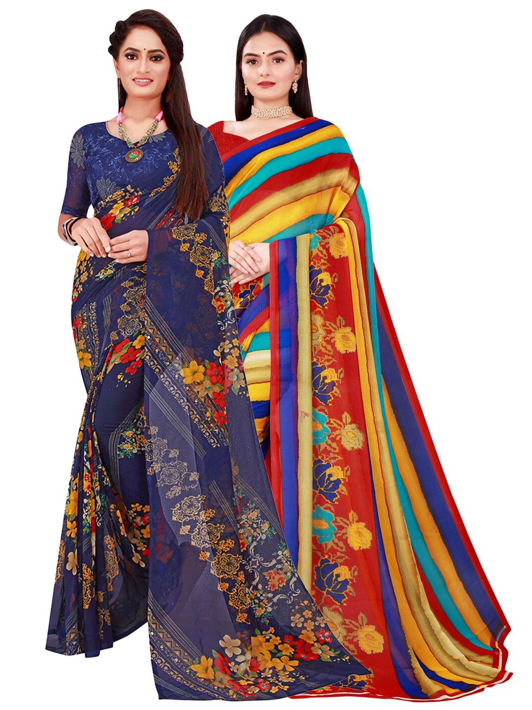 

KALINI Pack of 2 Red & Navy Blue Floral Printed Pure Georgette Saree