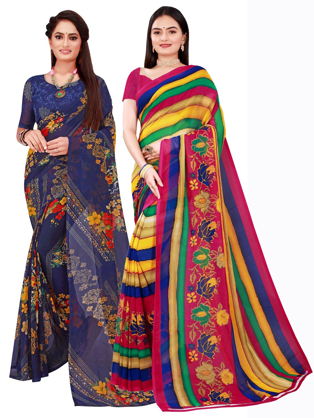 KALINI Pack Of 2 Navy Blue & Pink Pure Georgette Saree