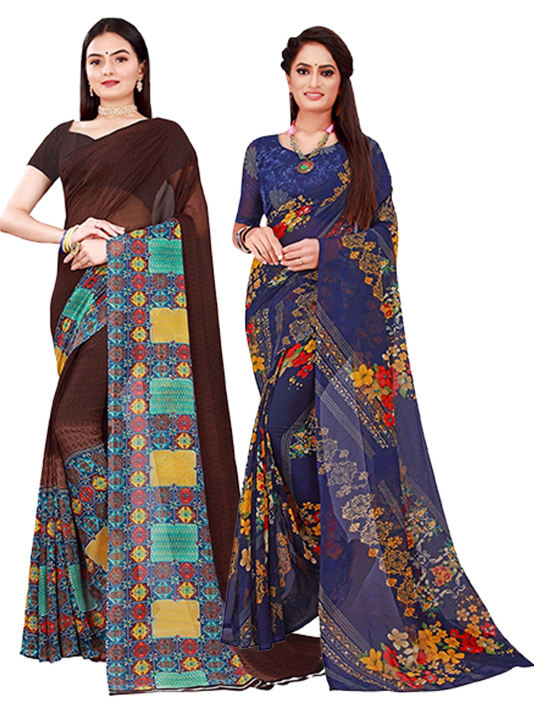 

KALINI Pack Of 2 Brown & Blue Floral Pure Georgette Saree