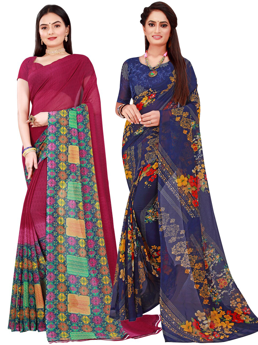 

KALINI Set Of 2 Navy Blue & Purple Floral Pure Georgette Saree