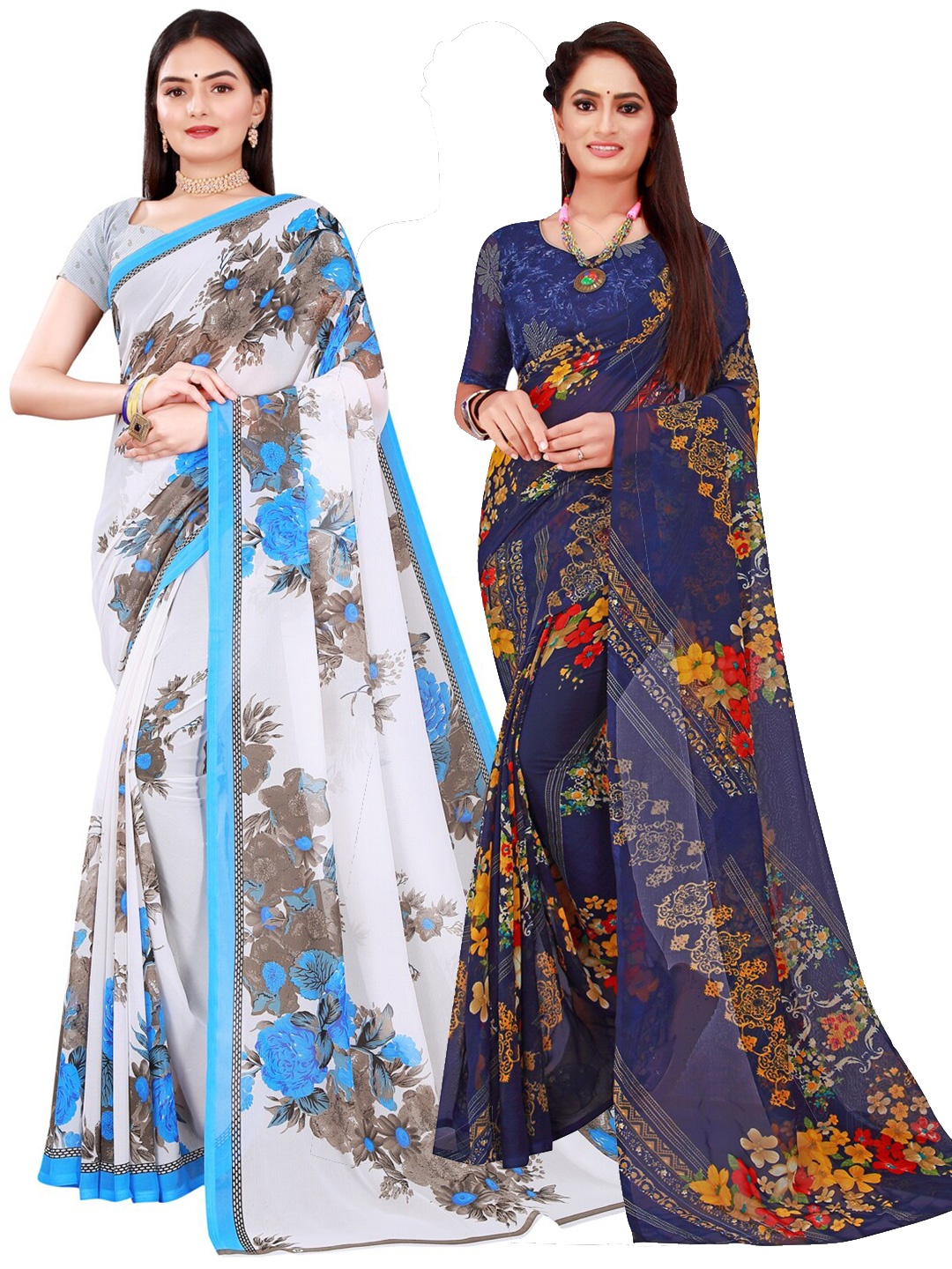 

KALINI Navy Blue & White Set Of 2 Floral Pure Georgette Saree