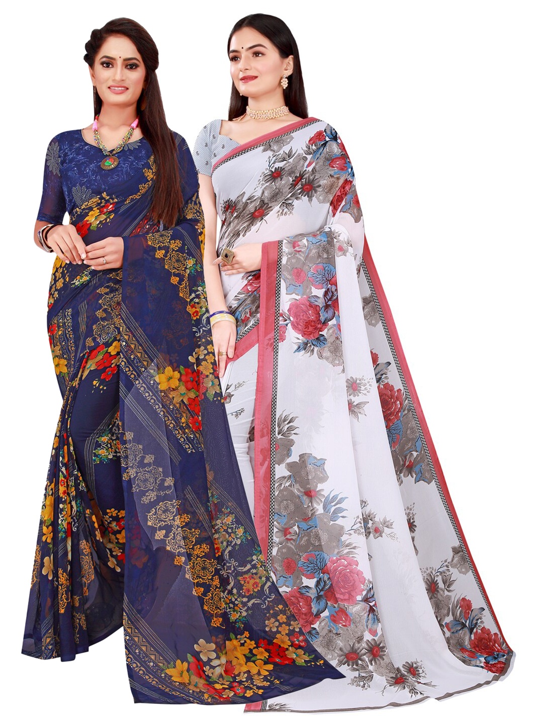 

KALINI Navy Blue & White Floral Printed Pure Georgette Saree Pack Of 2