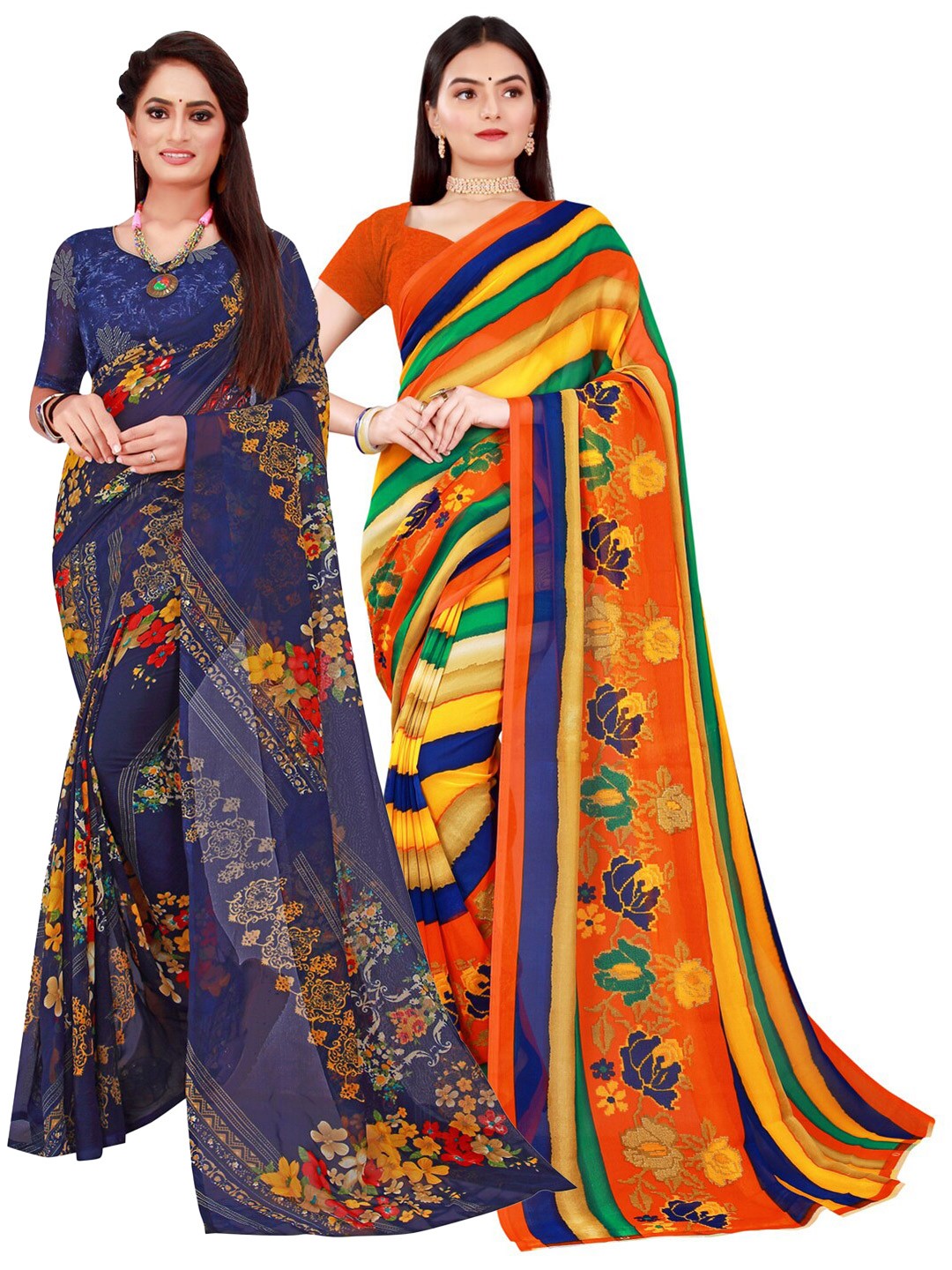 

KALINI Navy Blue & Green Printed Pure Georgette Saree Pack Of 2
