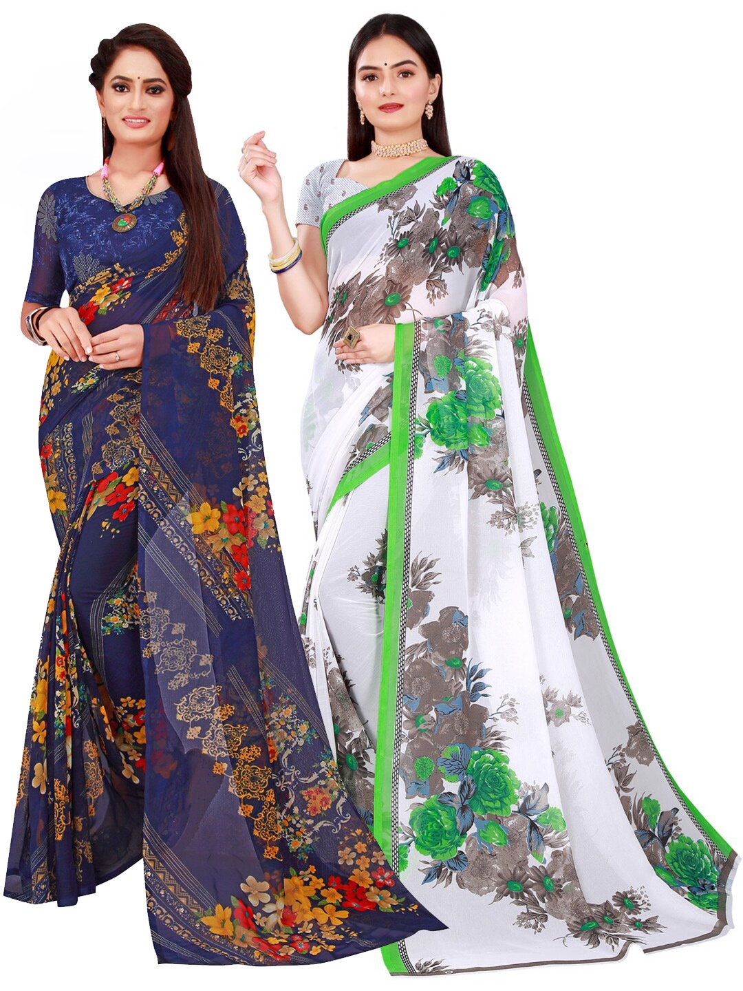 

KALINI Pack of 2 Navy Blue & White Floral Printed Pure Georgette Saree
