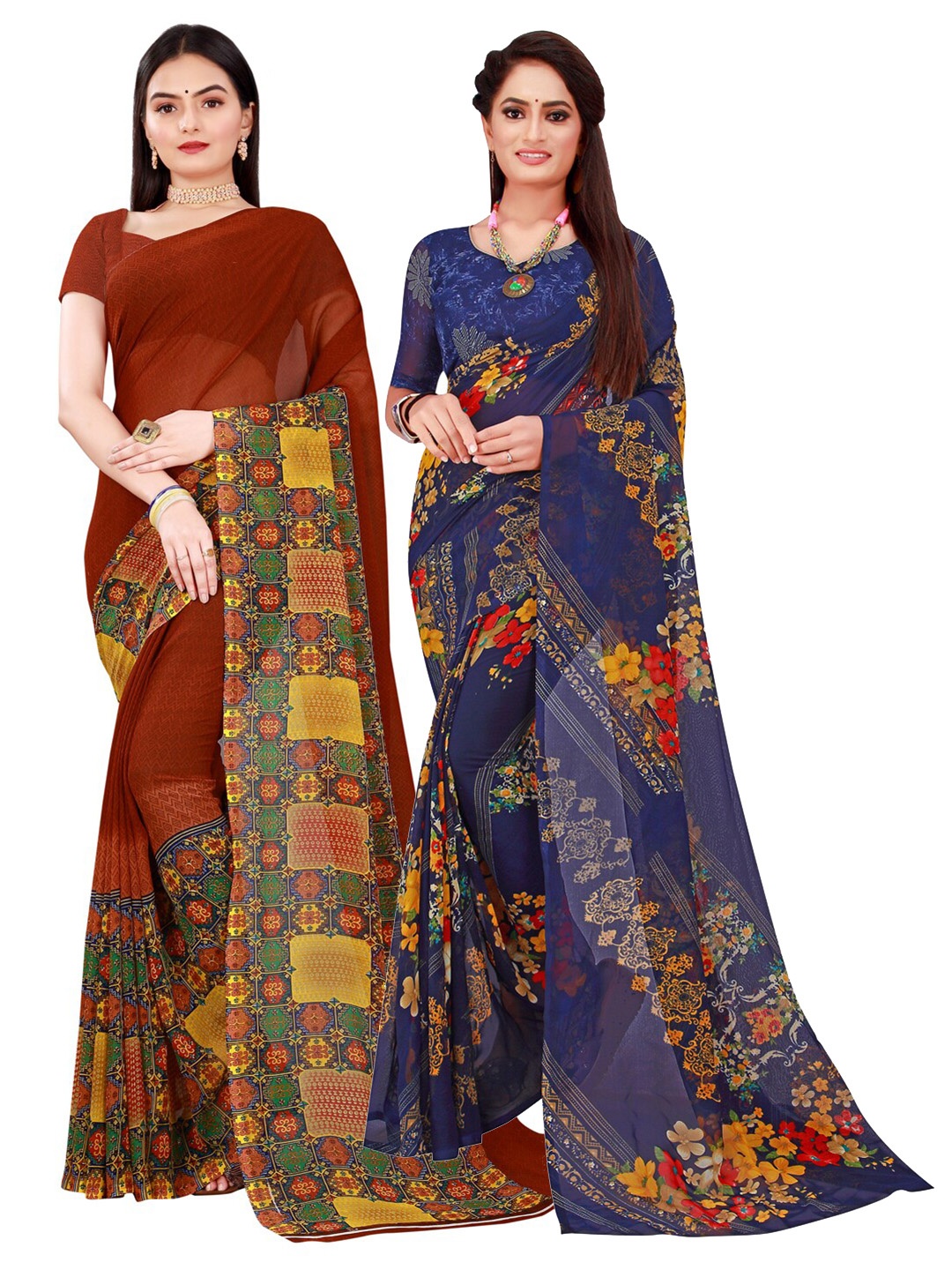 

KALINI Pack Of 2 Navy Blue & Brown Floral Pure Georgette Saree