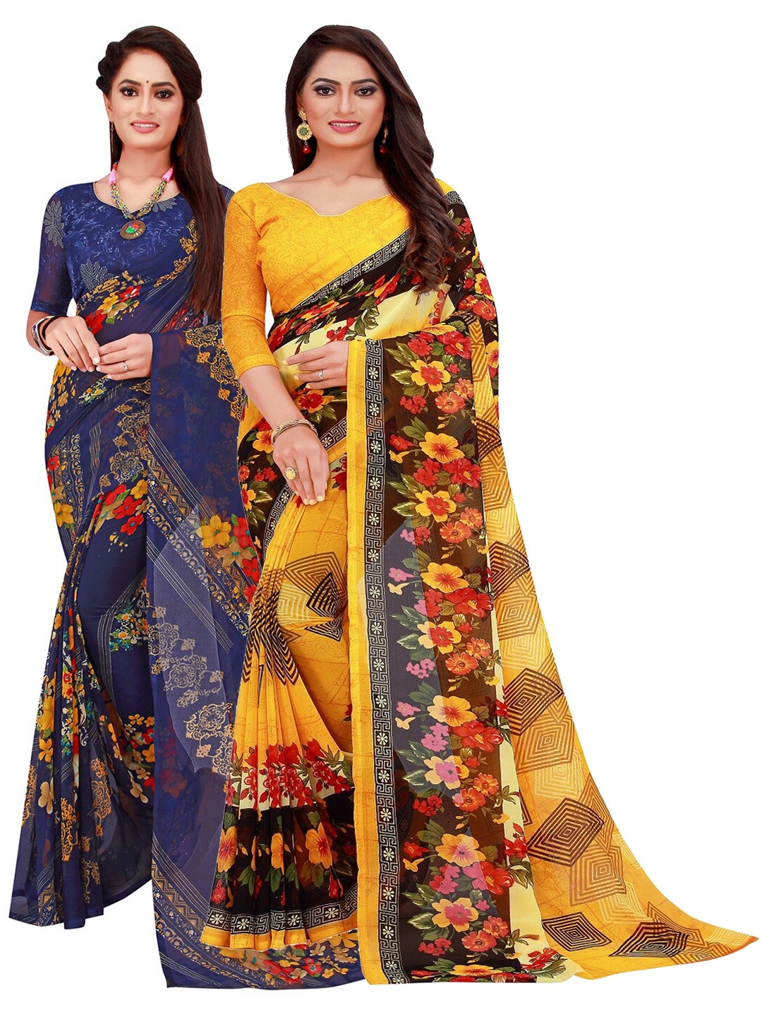 

KALINI Pack Of 2 Yellow & Navy Blue Pure Georgette Saree