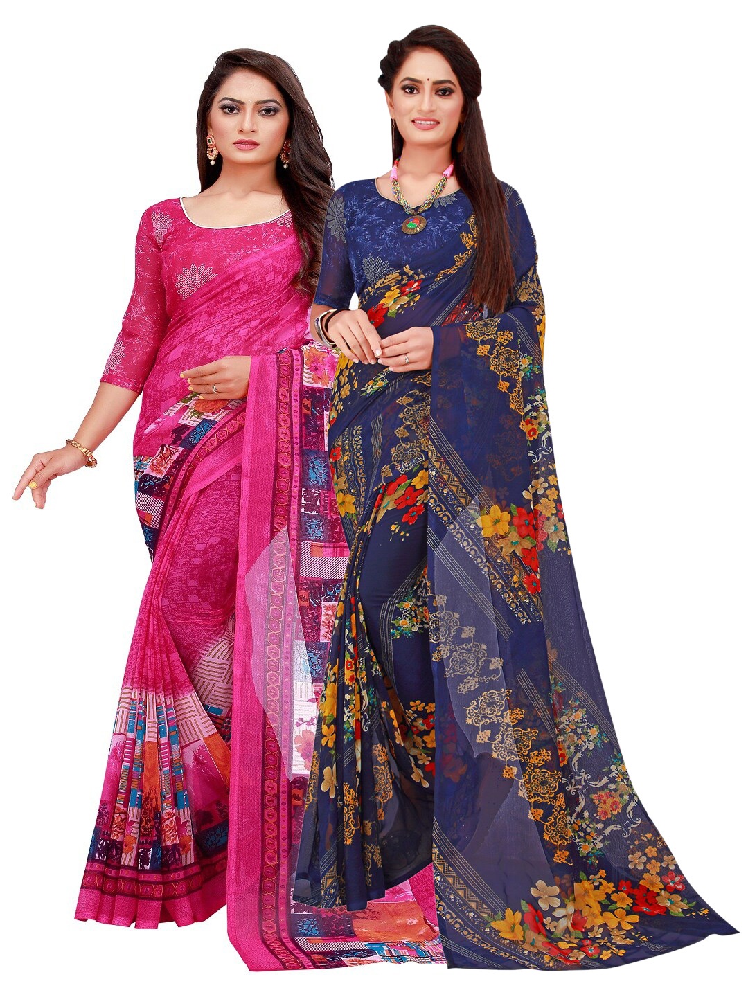 

KALINI Pack of 2 Magenta & Navy Blue Floral Pure Georgette Sarees