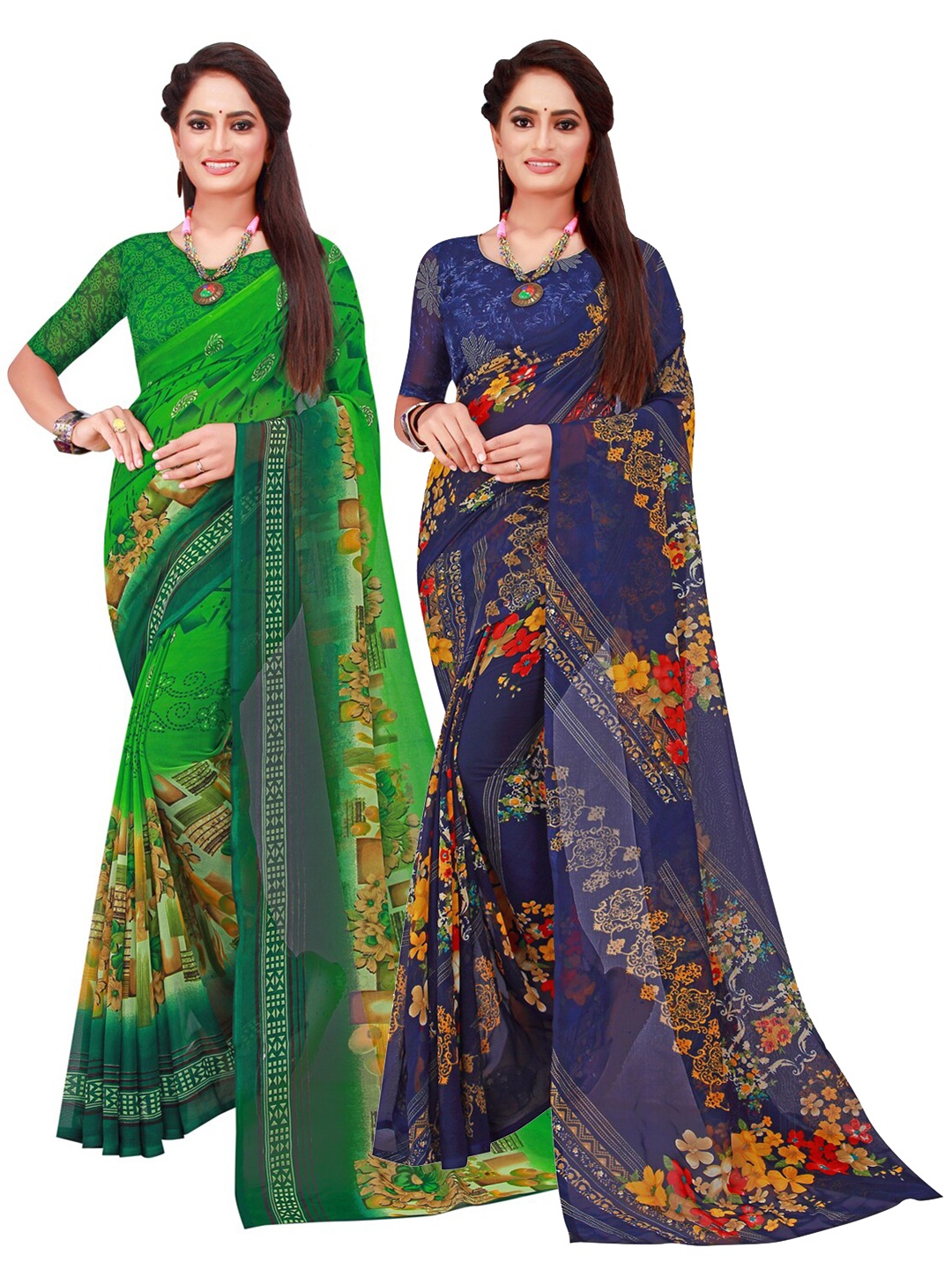 

KALINI Navy Blue & Green Floral Printed Pure Georgette Saree Pack Of 2