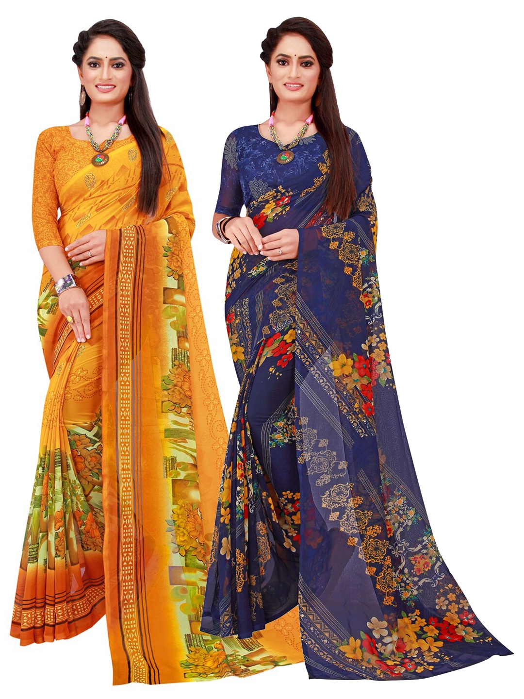 

KALINI Navy Blue & Mustard Printed Pure Georgette Saree Pack Of 2