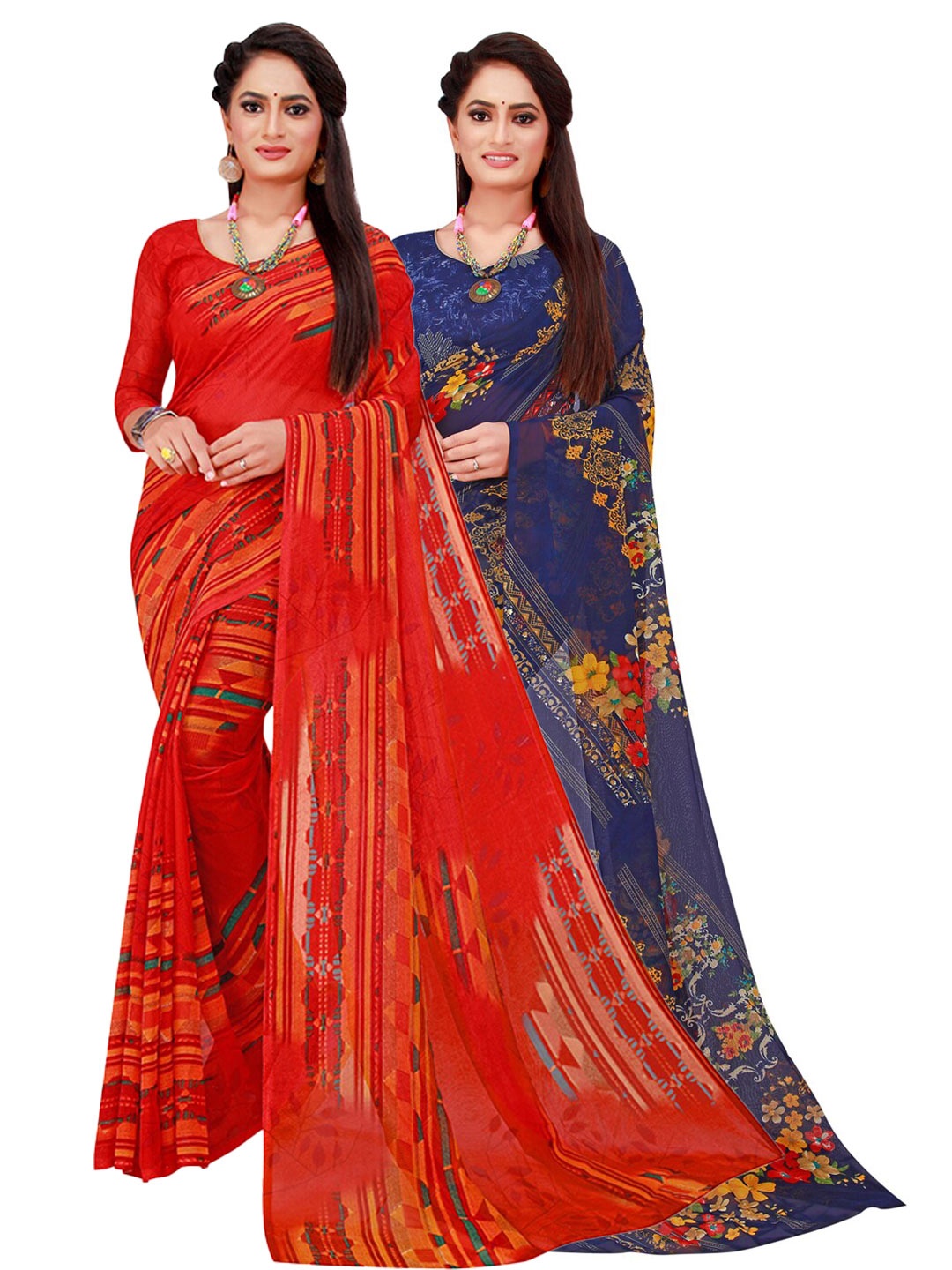 

KALINI Pack of 2 Red & Navy Blue Floral Printed Pure Georgette Saree