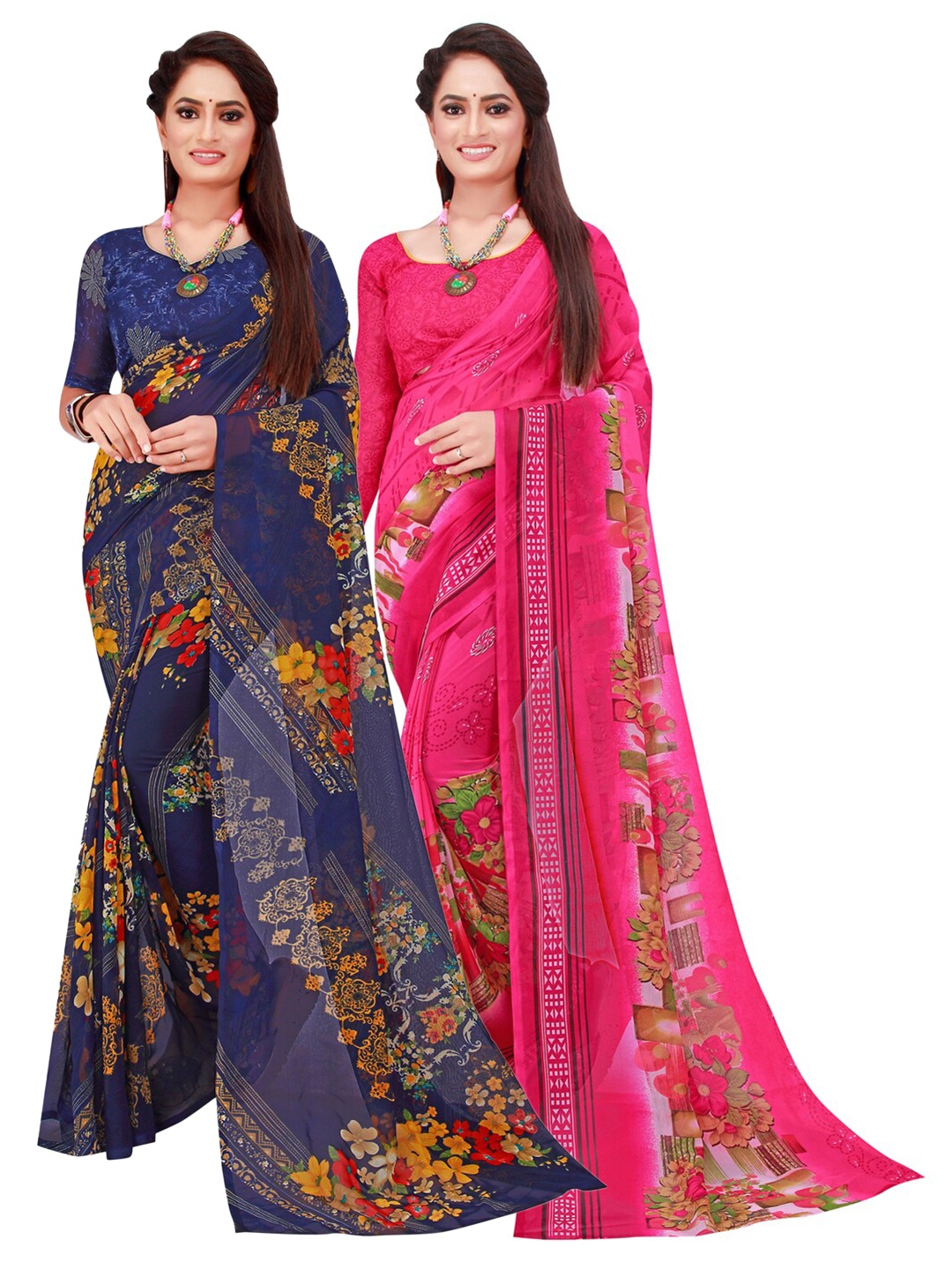 

KALINI Pack of 2 Navy Blue & Pink Floral Pure Georgette Sarees