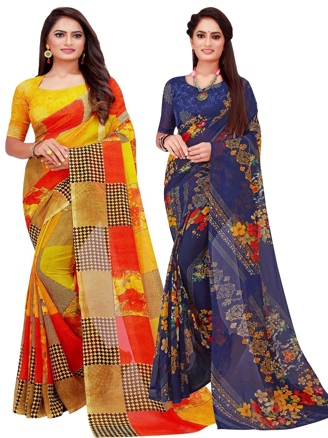 

KALINI Set Of 2 Navy Blue & Yellow Floral Pure Georgette Saree