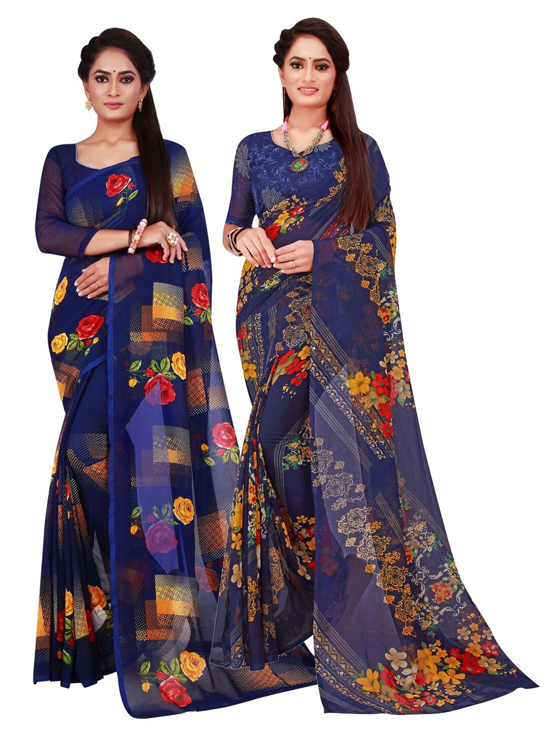 

KALINI Pack of 2 Navy Blue & Red Floral Printed Pure Georgette Saree