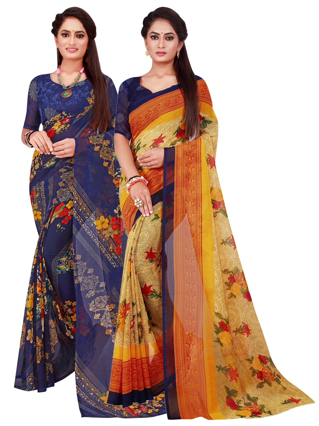

KALINI Pack Of 2 Navy Blue & Beige Floral Pure Georgette Saree