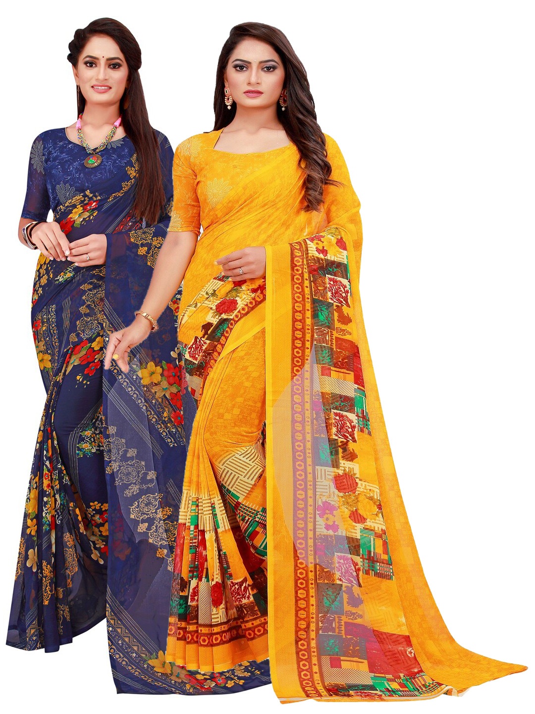 

KALINI Pack Of 2 Navy Blue & Yellow Floral Pure Georgette Saree