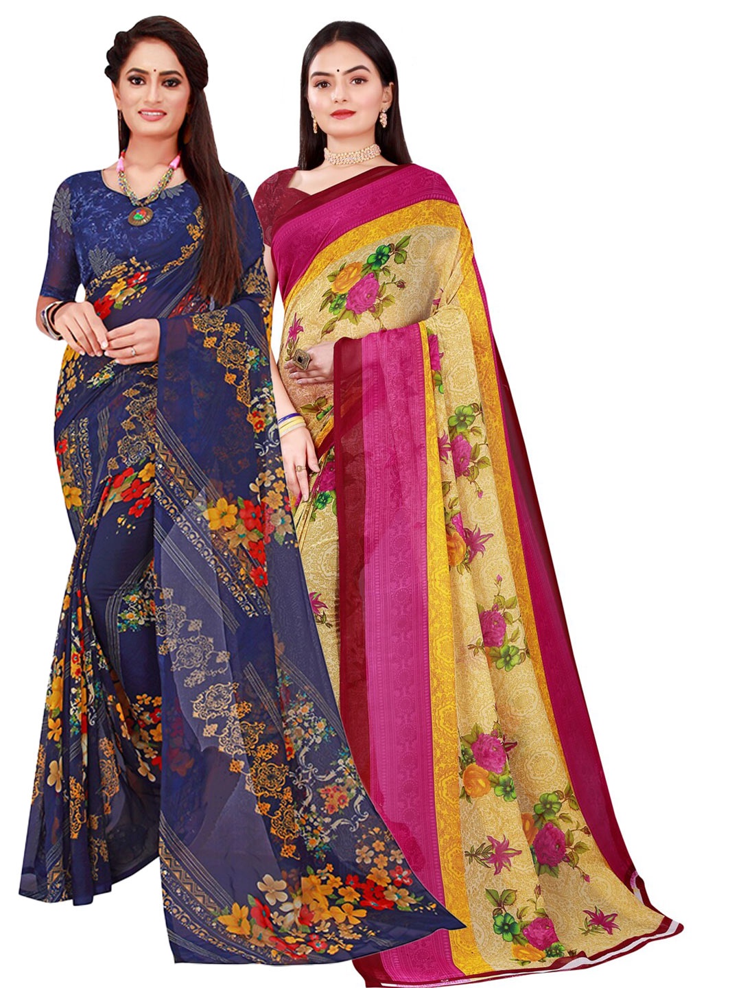 

KALINI Yellow & Navy Blue Set Of 2 Floral Pure Georgette Saree