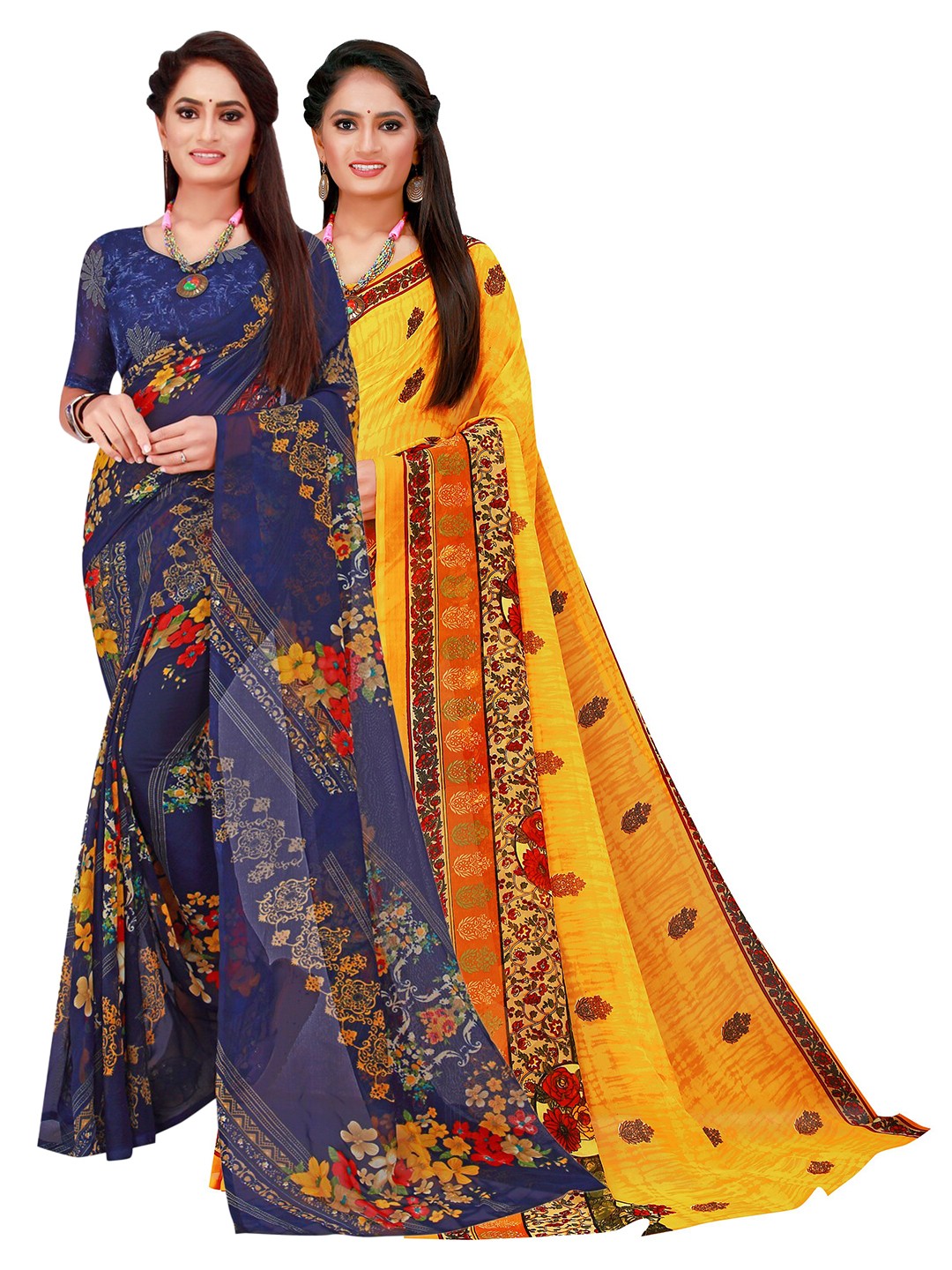 

KALINI Navy Blue & Yellow Floral Printed Pure Georgette Saree Pack Of 2